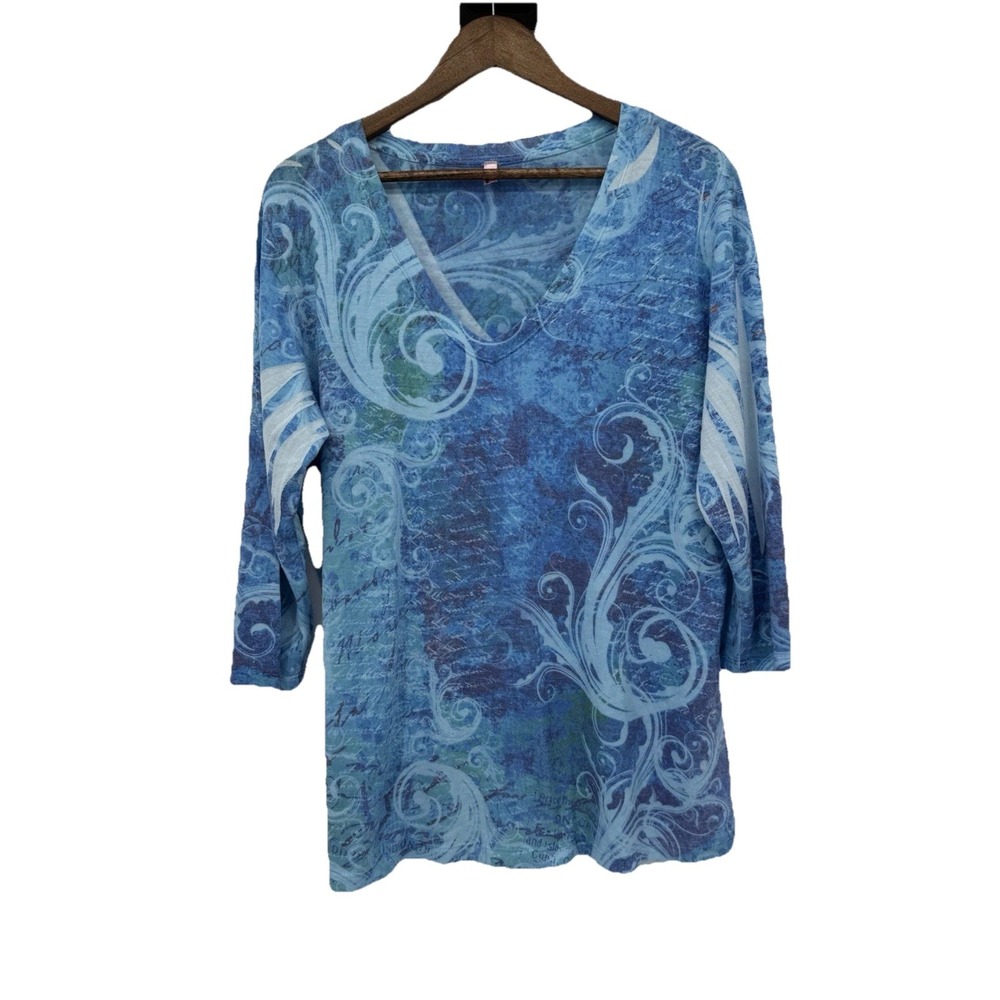 Kiara‎ Women's Bohemian 3/4 Sleeve Top Fairy Y2K 2x Blue Stretch Knit Soft